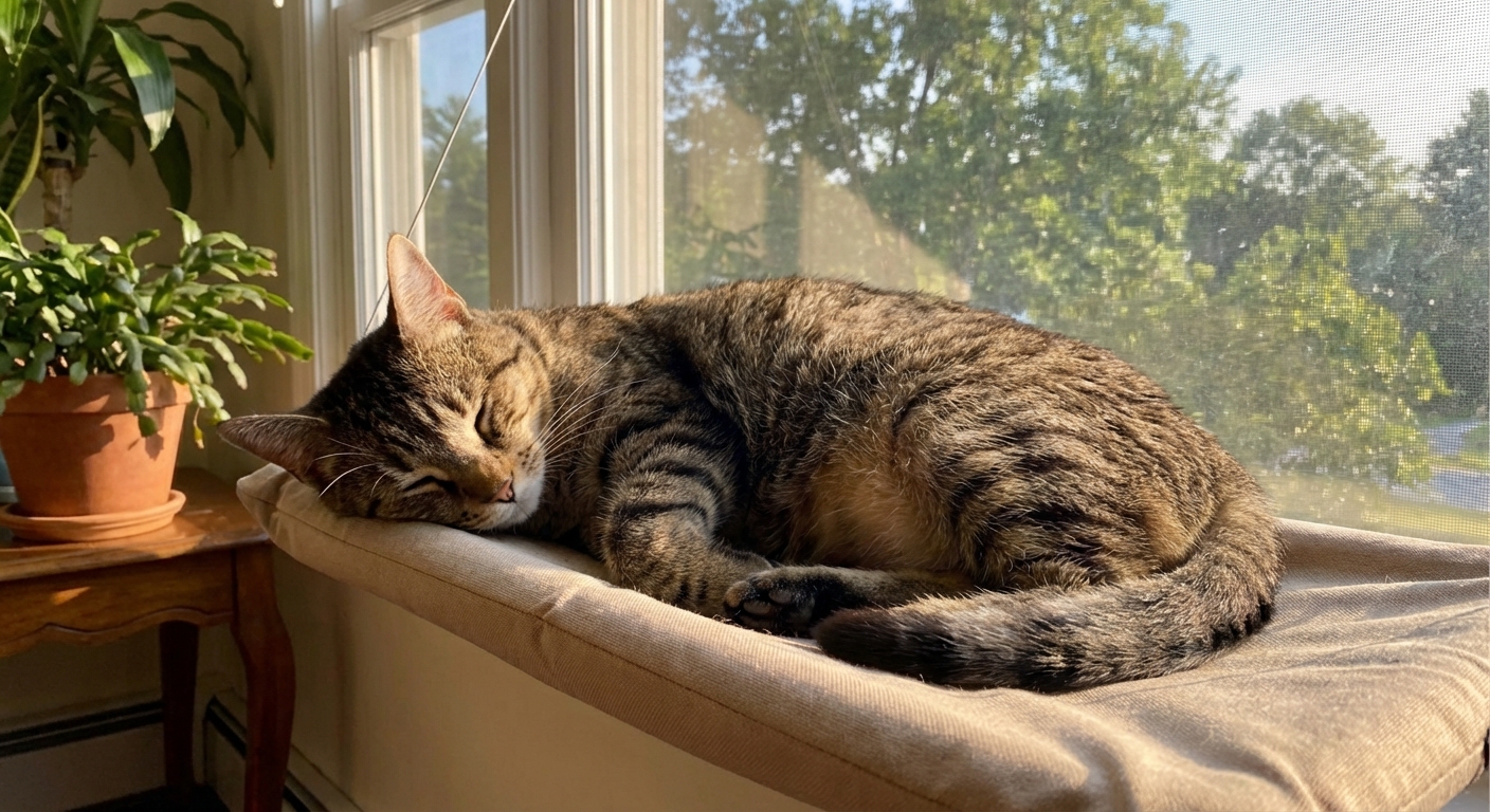 A relaxed house cat sitting on a window perch with sunlight coming in