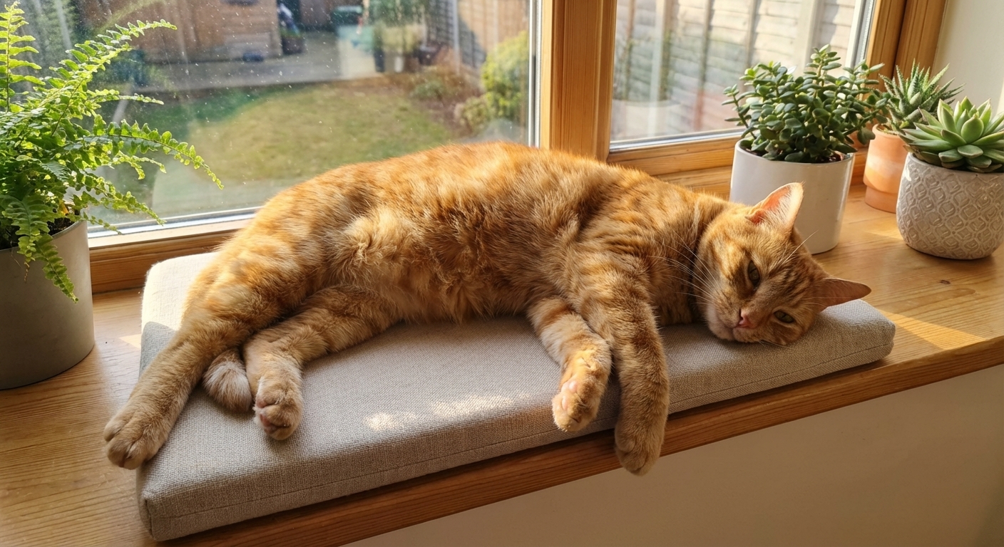 A relaxed indoor cat lounging on a sunny window perch with soft eyes and a loose body posture