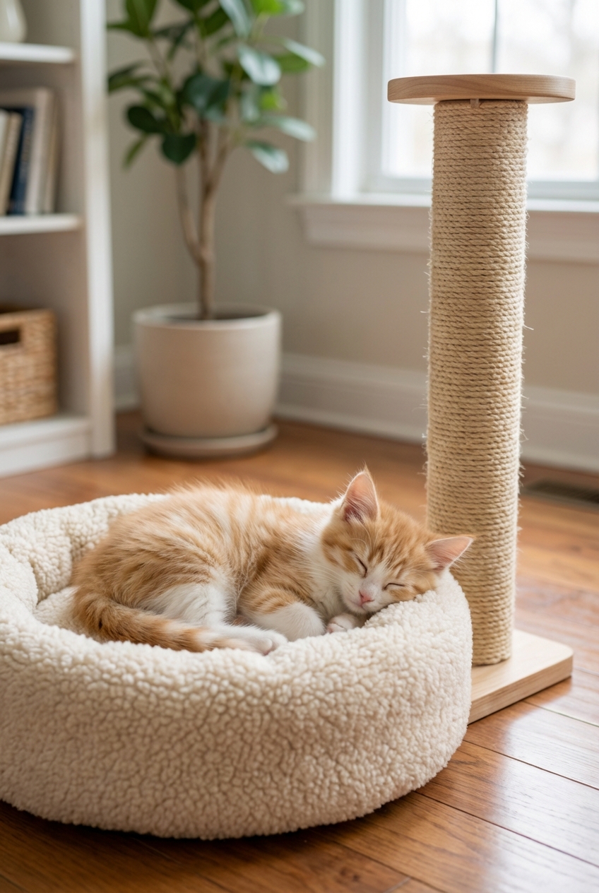 A relaxed kitten resting in a soft bed near a scratching post in a calm room