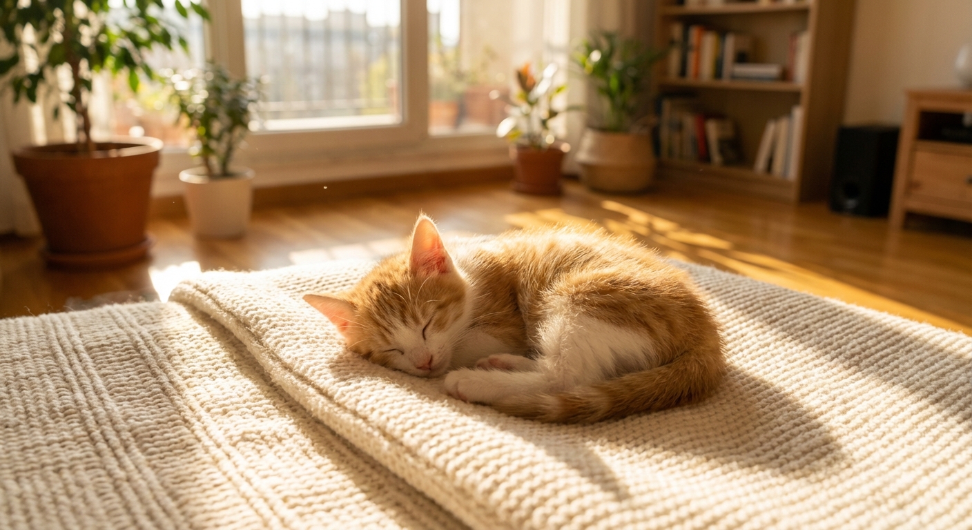 A relaxed kitten sleeping on a clean blanket in a sunny room