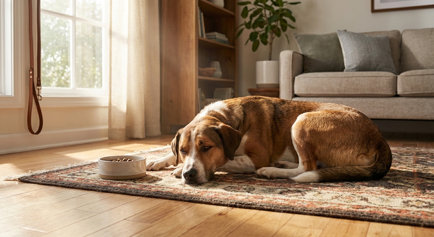 A relaxed mixed breed dog lying comfortably on a living room rug near a food bowl, natural window light, realistic photography