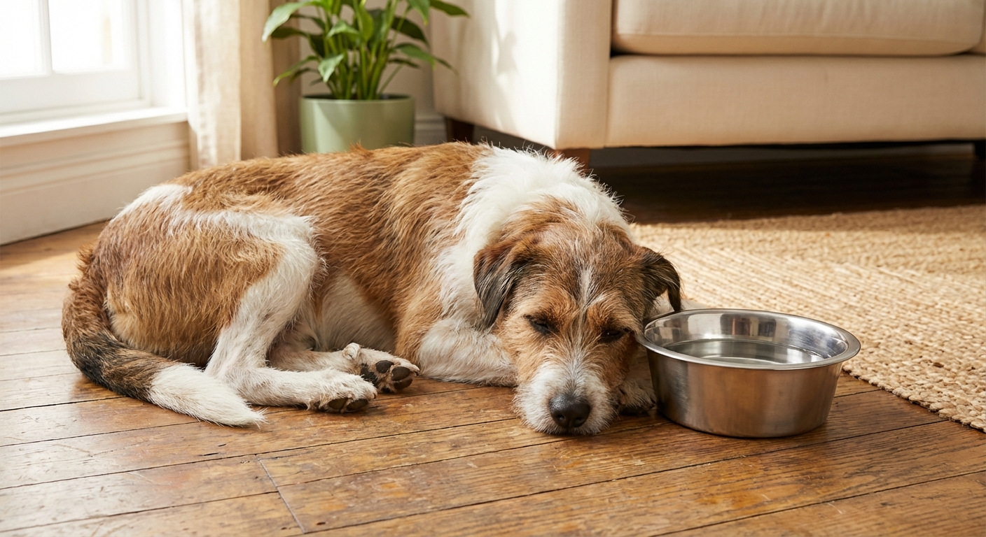 A relaxed mixed-breed dog resting at home beside a stainless steel water bowl