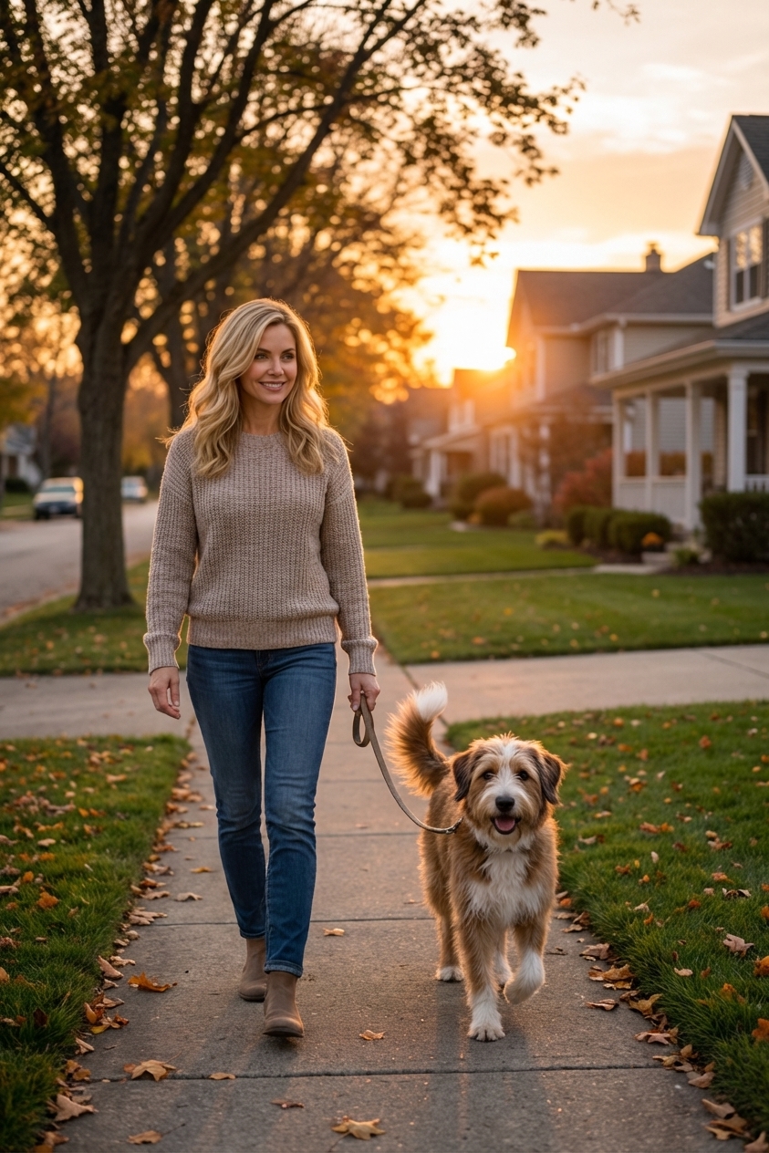 A relaxed mixed-breed dog walking on a loose leash beside an owner at sunset on a quiet neighborhood street, realistic photography