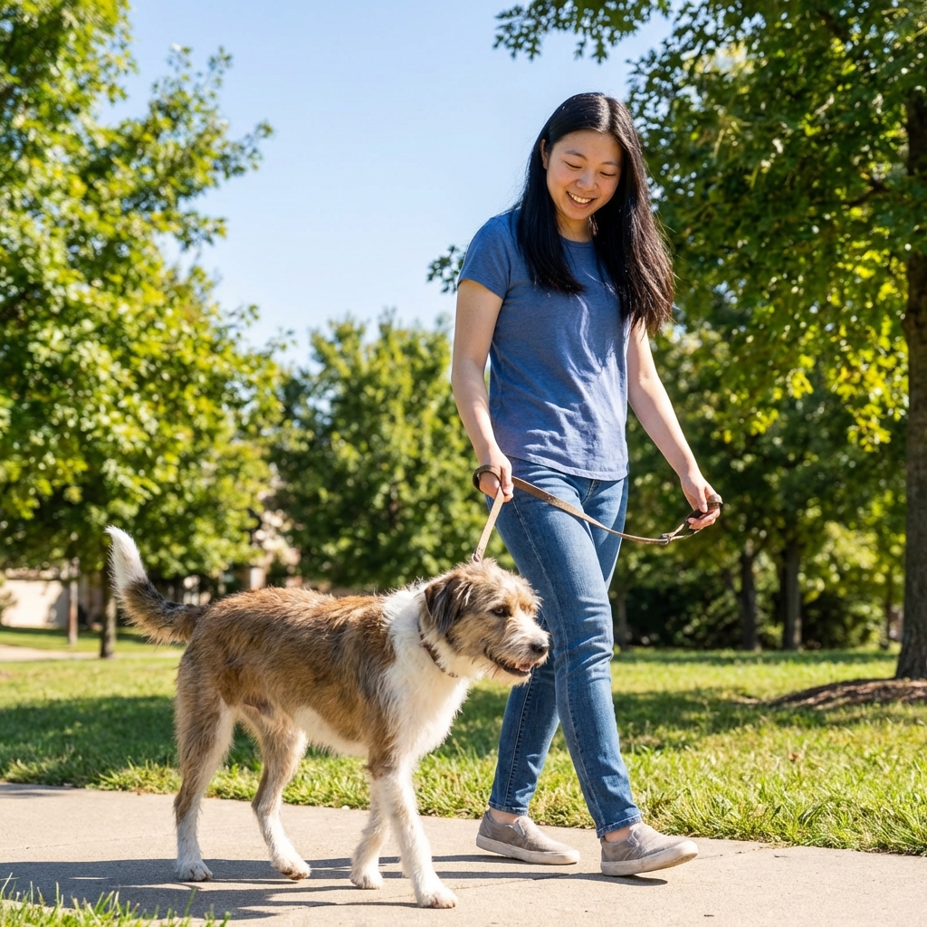 A relaxed mixed-breed dog walking outdoors on a leash with an owner on a sunny day