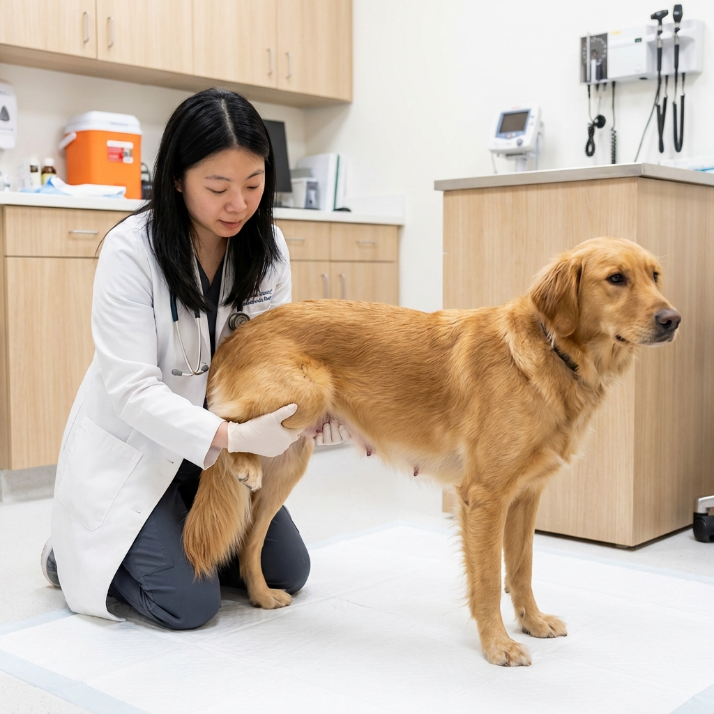 A relaxed mother dog standing while a person gently checks her mammary area in a clean indoor space