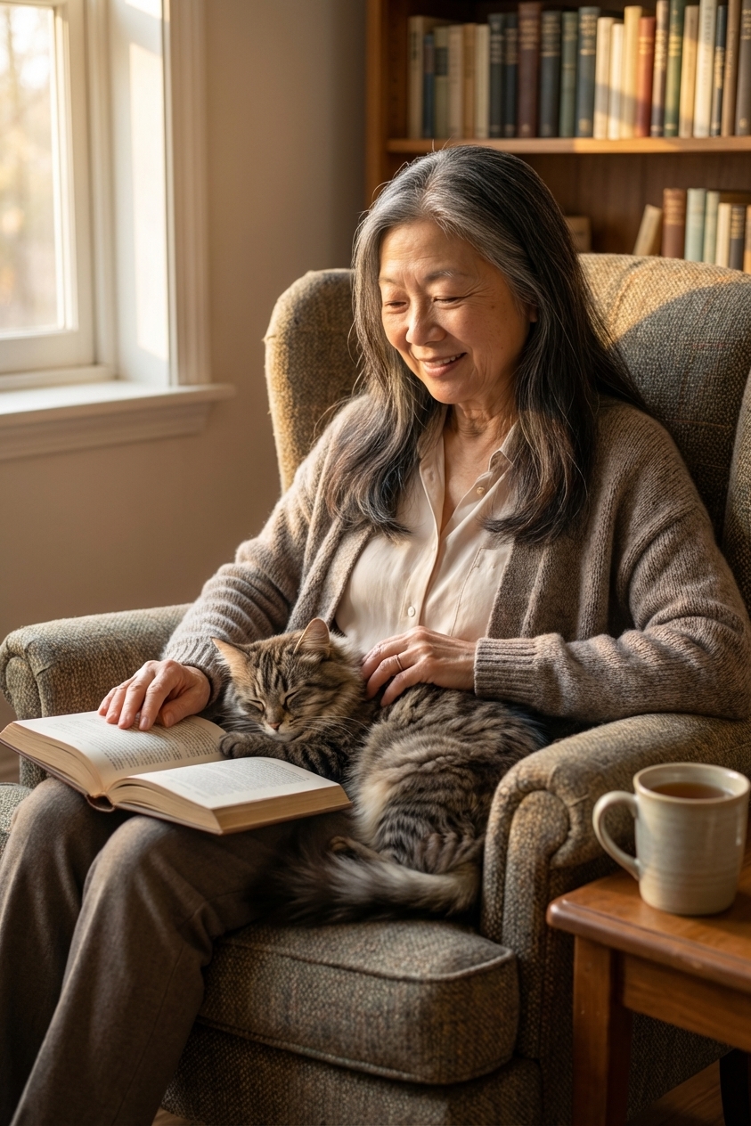 A relaxed older cat curled up next to an elderly person reading in an armchair