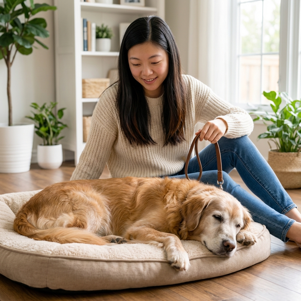 A relaxed older dog lying on a dog bed while an owner sits nearby holding a leash