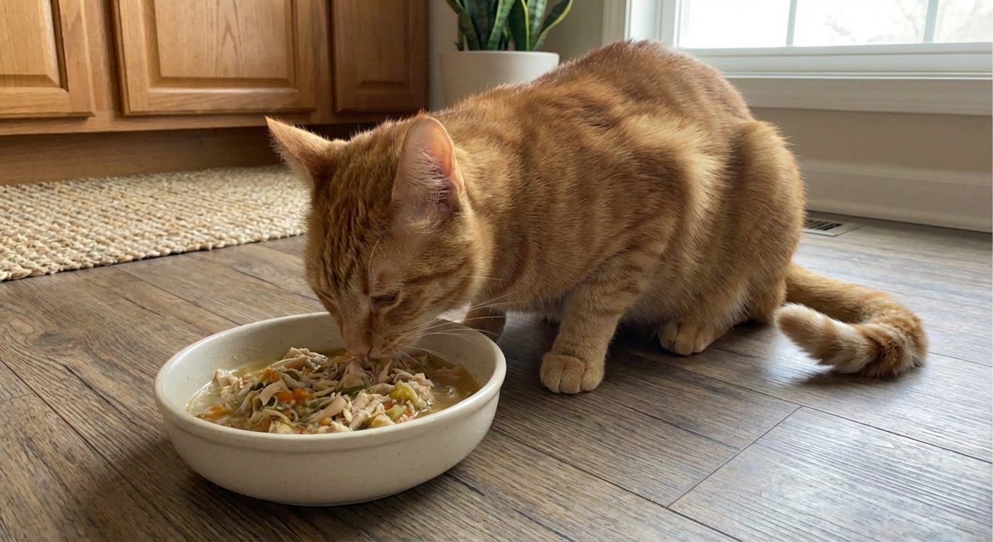 A relaxed orange tabby cat eating a small portion of wet homemade-style food from a simple ceramic bowl on a kitchen floor, natural indoor light