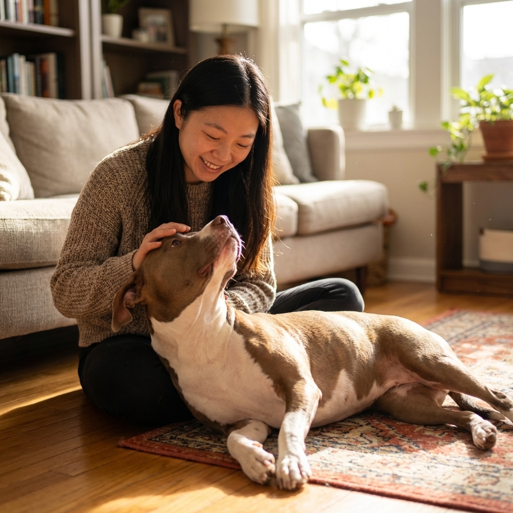 A relaxed pit bull-type dog lying on a living room floor while looking up at their owner