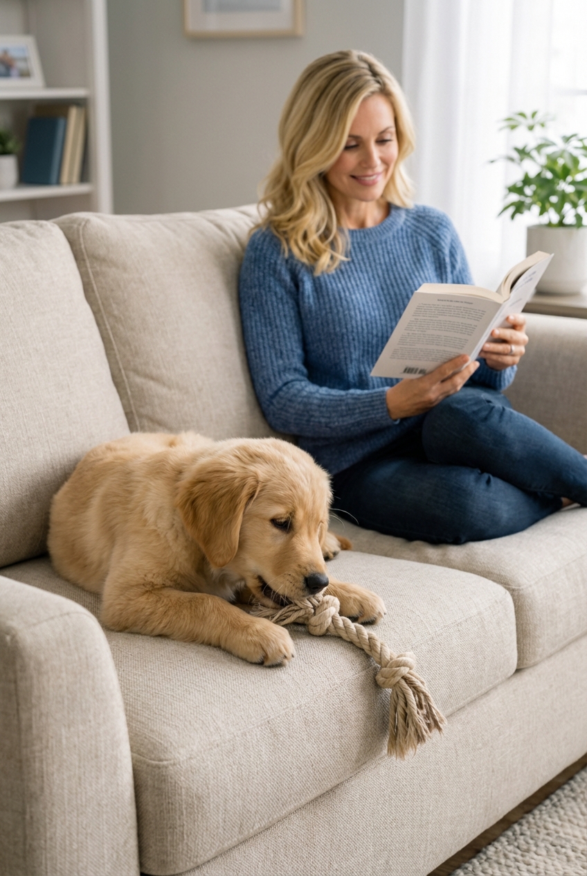 A relaxed puppy lying on a couch chewing a toy while a person sits nearby reading