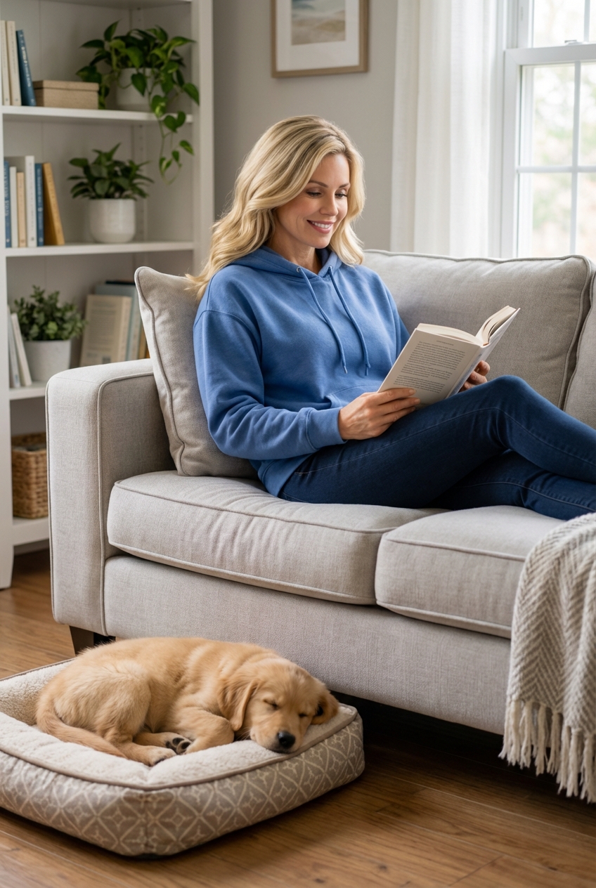 A relaxed puppy lying on a dog bed while its owner reads on a nearby couch