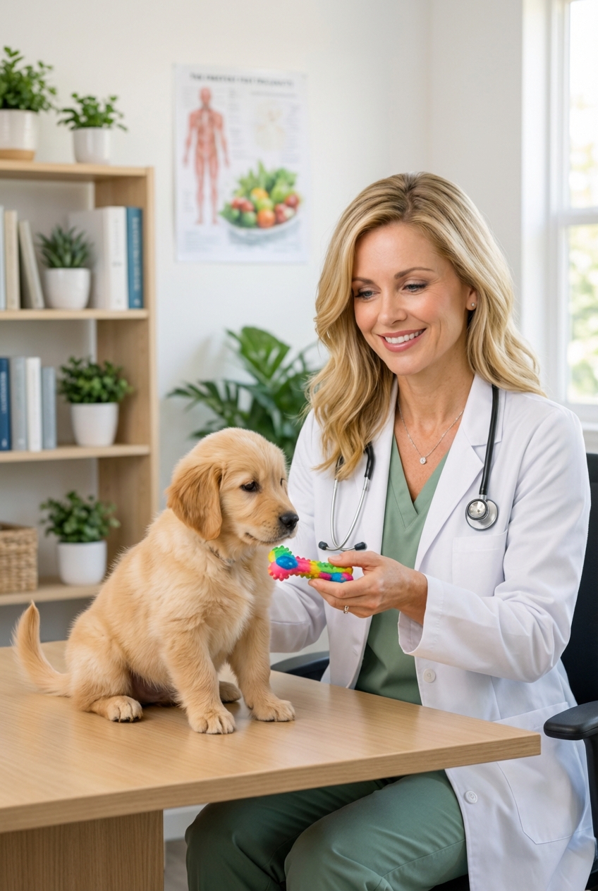 A relaxed puppy sitting calmly while a person offers a chew toy