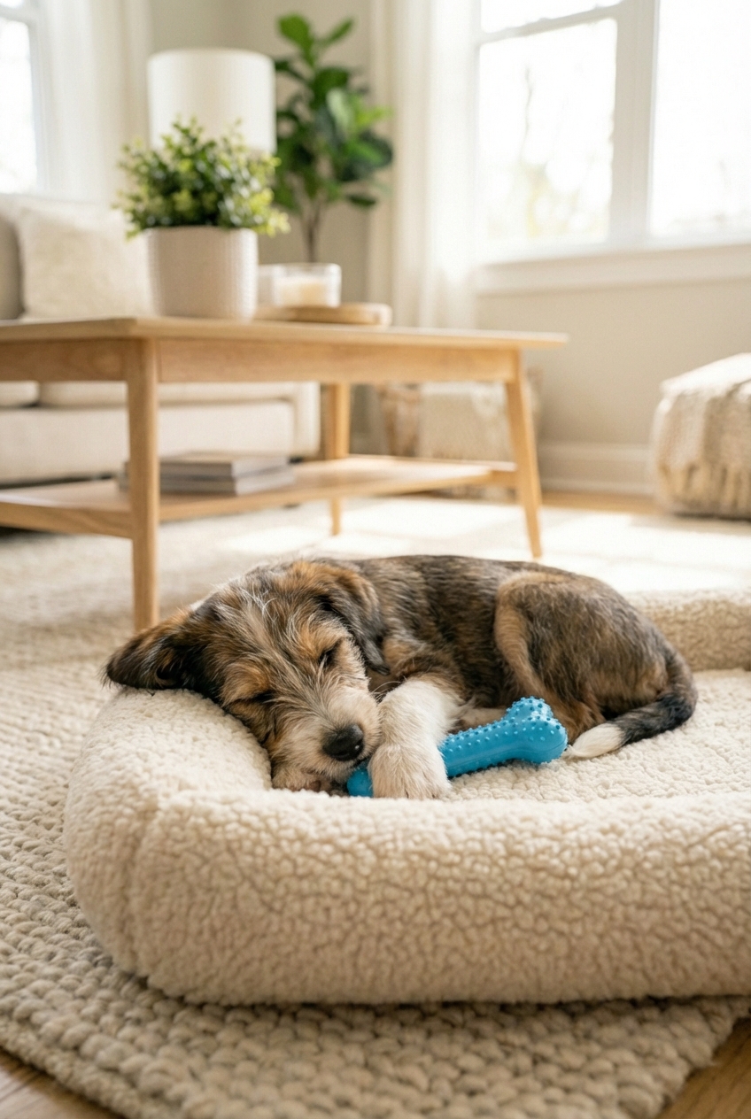 A relaxed puppy sleeping next to a chew toy on a dog bed in a bright room