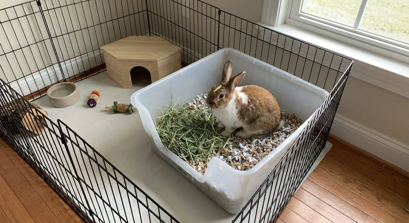 A relaxed rabbit eating hay while sitting in a clean litter box inside a tidy exercise pen