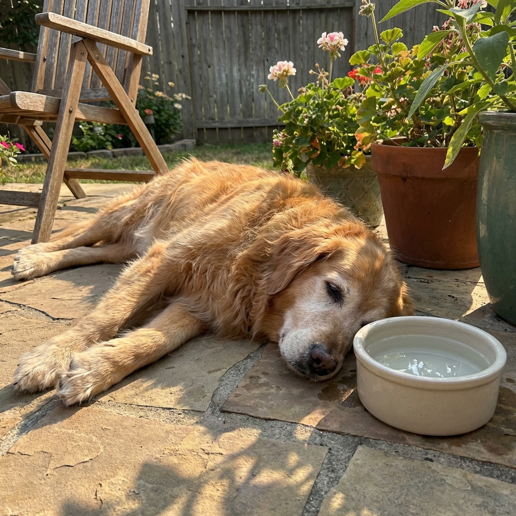 A relaxed senior dog lying on a sunny patio next to a water bowl