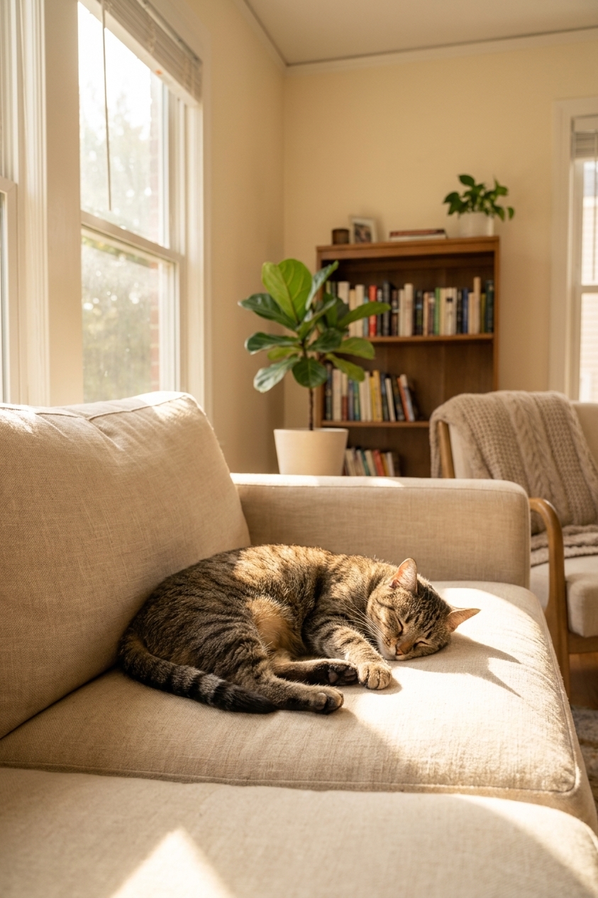 A relaxed short-haired cat lounging on a sunlit sofa in a quiet living room, natural indoor photography style