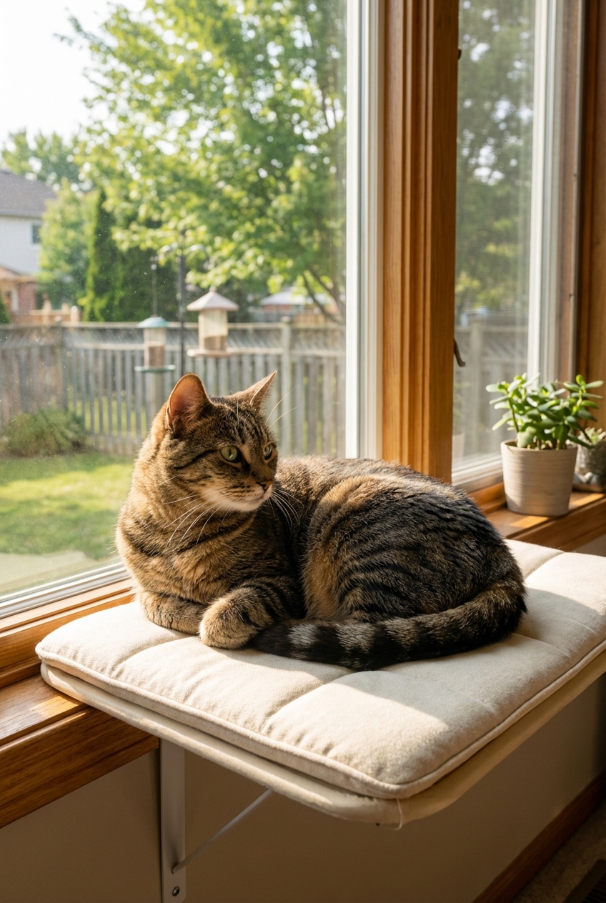 A relaxed tabby cat sitting on a window perch watching outdoors