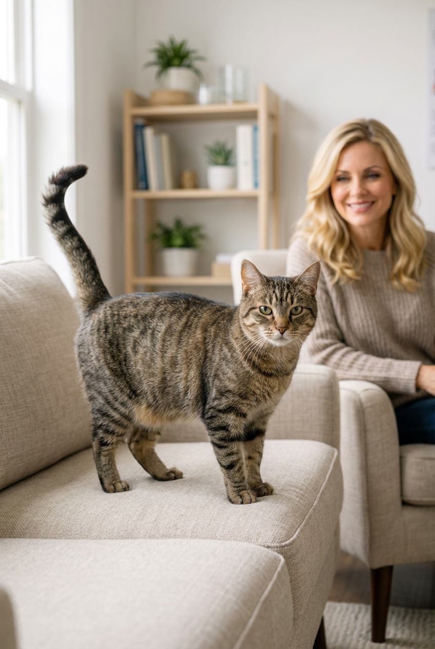 A relaxed tabby cat standing on a sofa with its tail raised while a person sits nearby