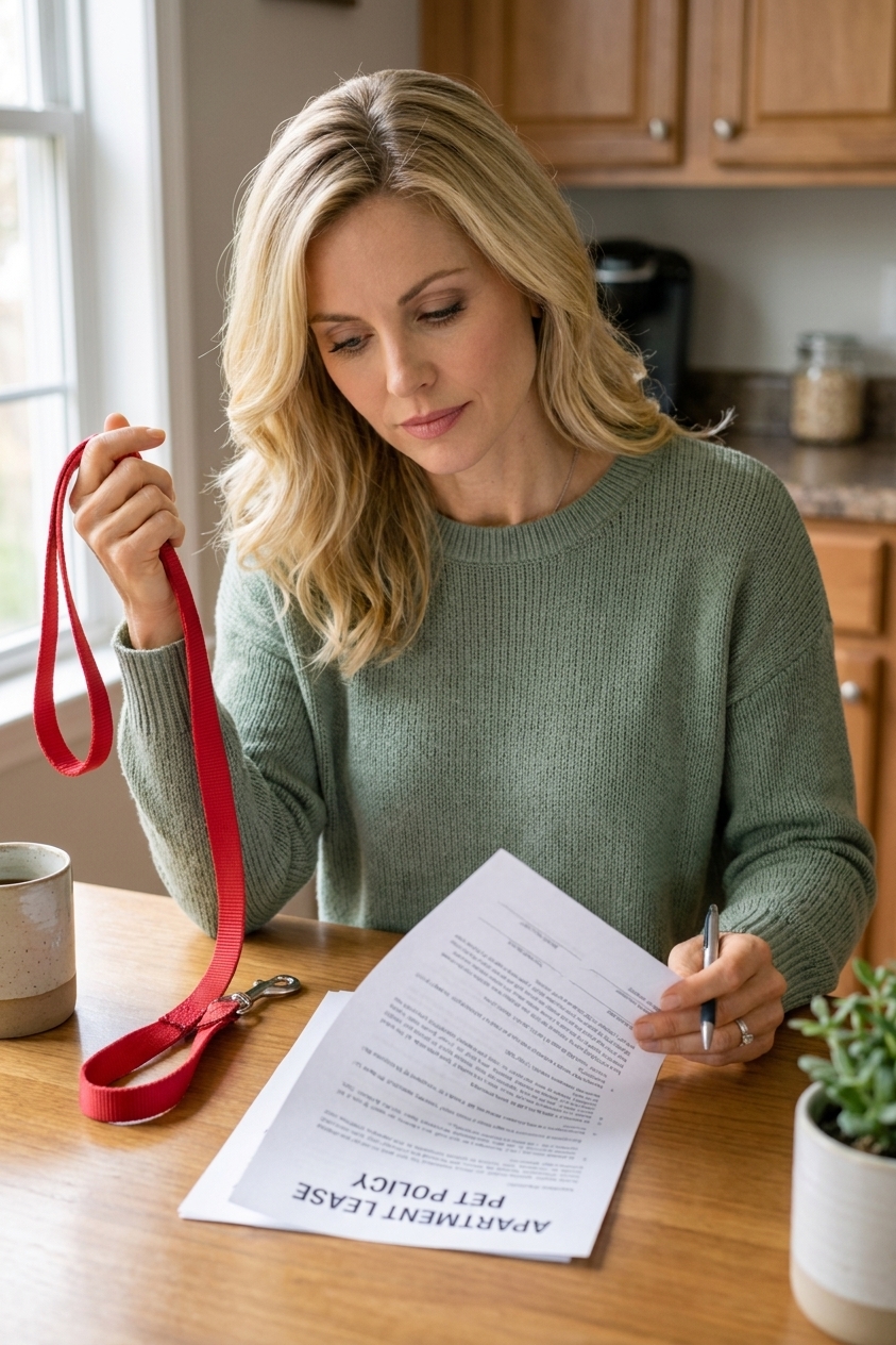A renter holding a dog leash while reading an apartment lease pet policy document at a kitchen table, real photography style