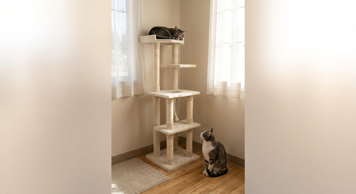 A resident cat resting on a tall cat tree while another cat sits on the floor nearby