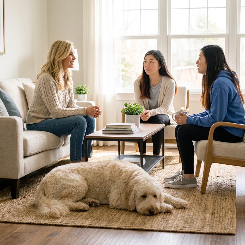A responsible dog breeder speaking with a family in a clean home environment while an adult doodle dog rests calmly nearby, natural light, real photography style