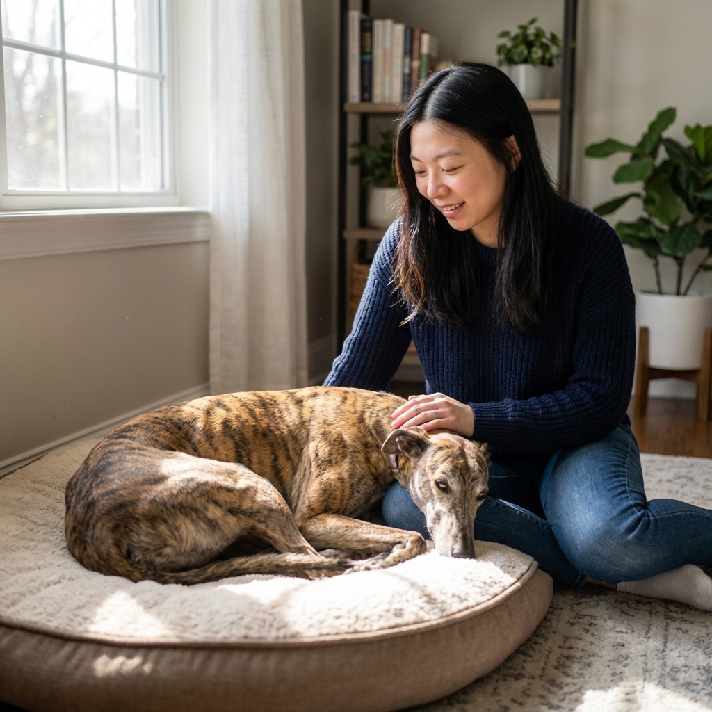 A retired racing greyhound resting on a cushioned dog bed in a cozy living room with soft window light, realistic photography