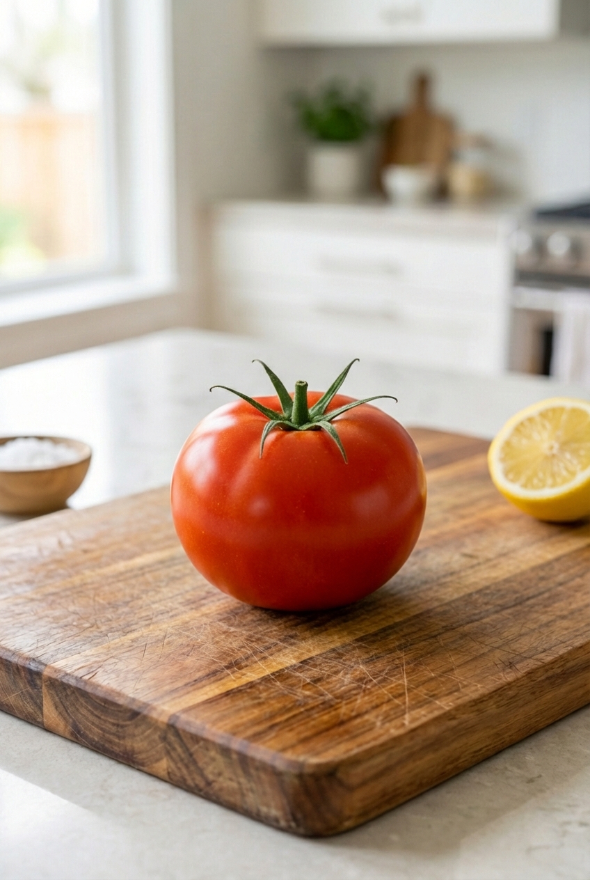 A ripe red tomato on a cutting board