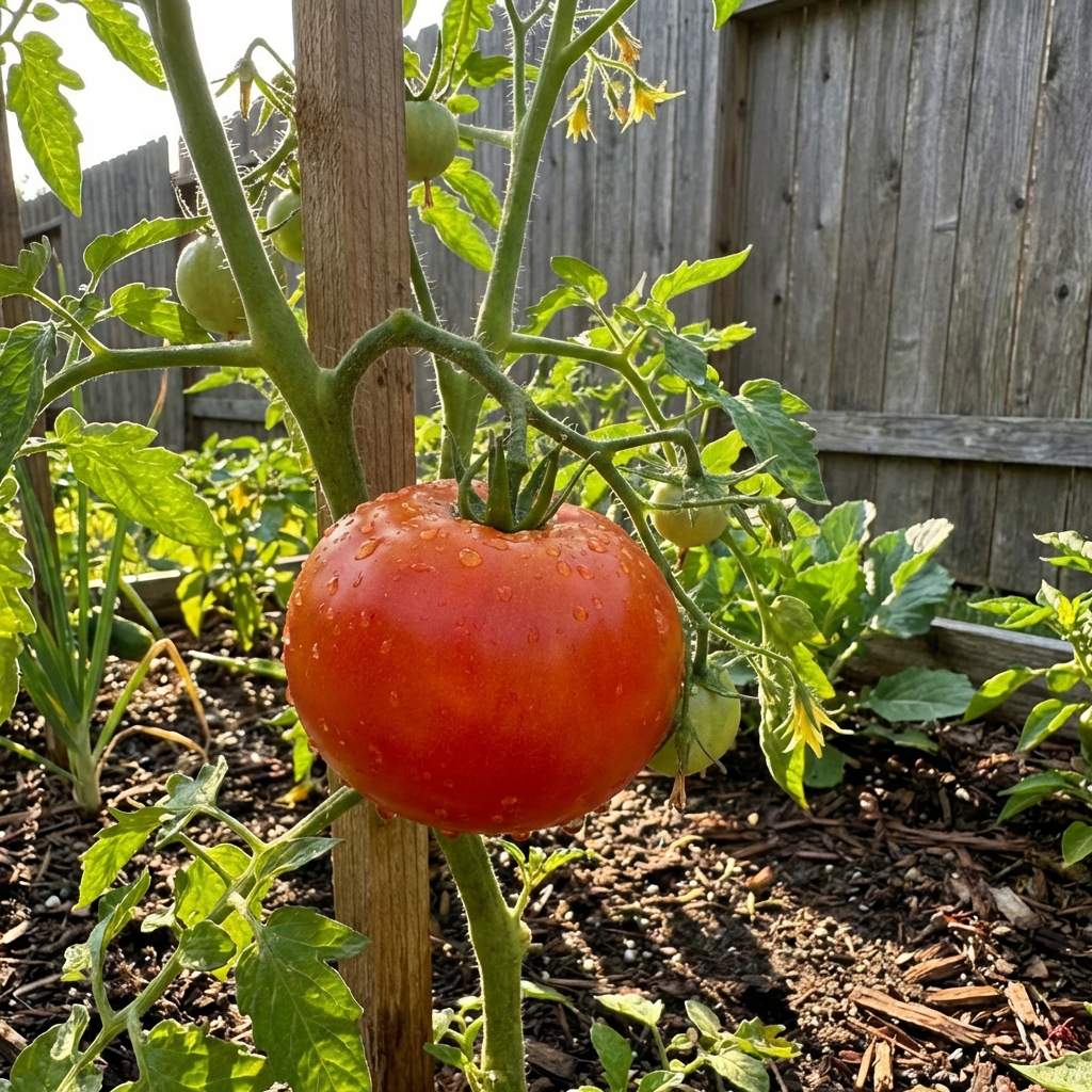 A ripe red tomato still on the vine in a backyard garden with sunlight