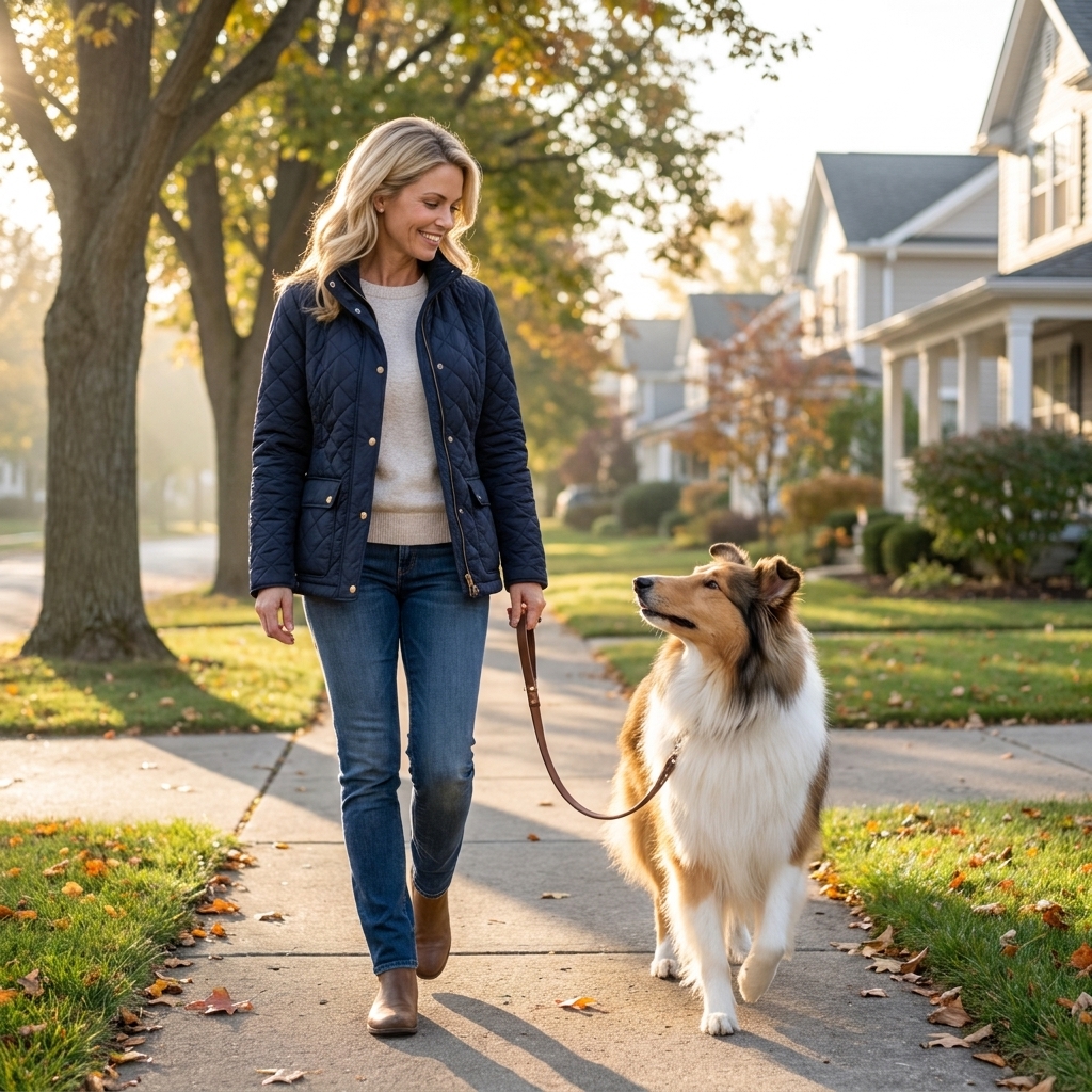 A sable and white Rough Collie walking on a leash beside an adult on a quiet suburban sidewalk with trees in the background, realistic morning light photography