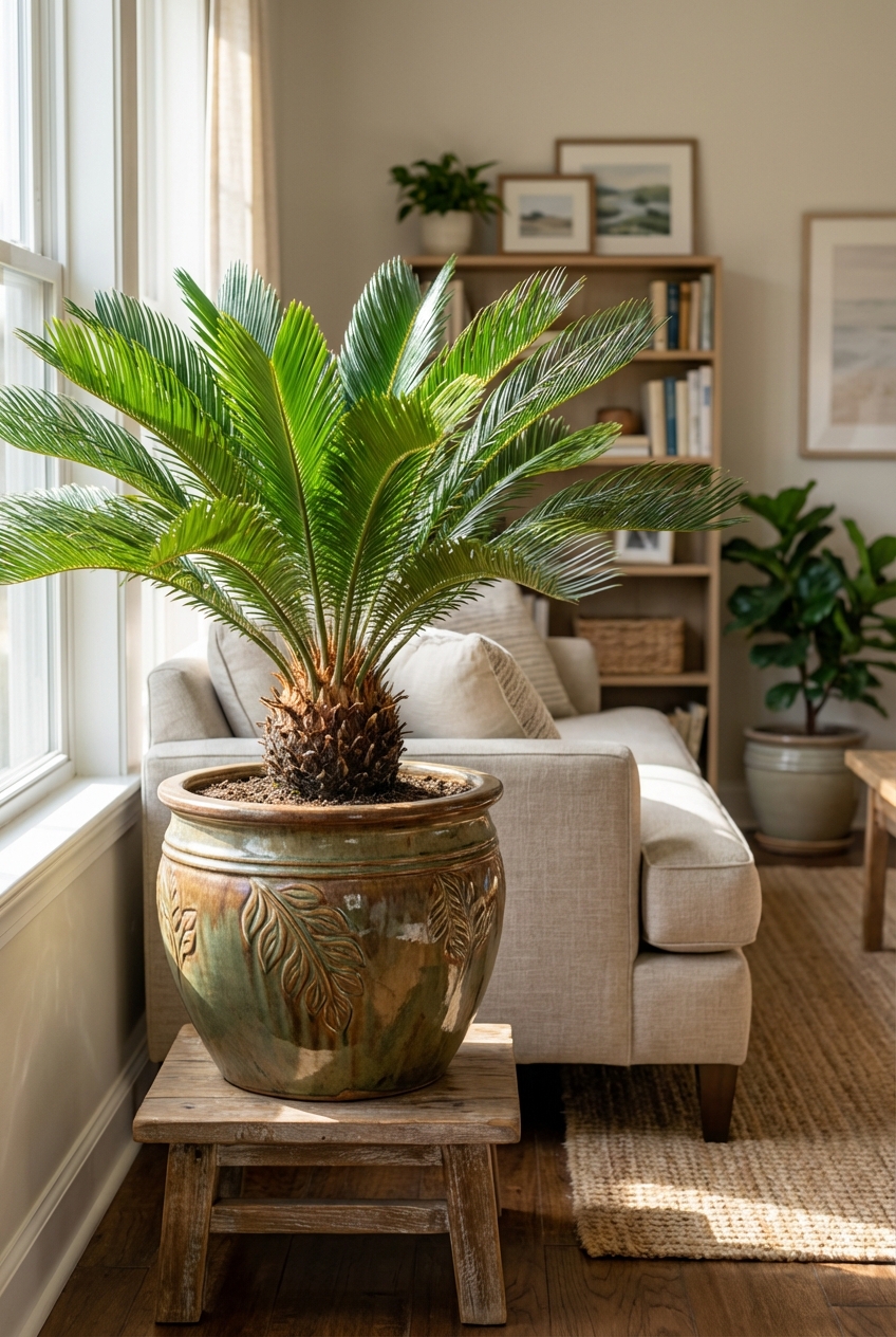 A sago palm in a decorative pot in a living room