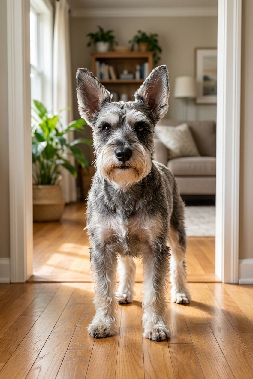 A salt-and-pepper Miniature Schnauzer stands in a home doorway with ears perked, looking alert.