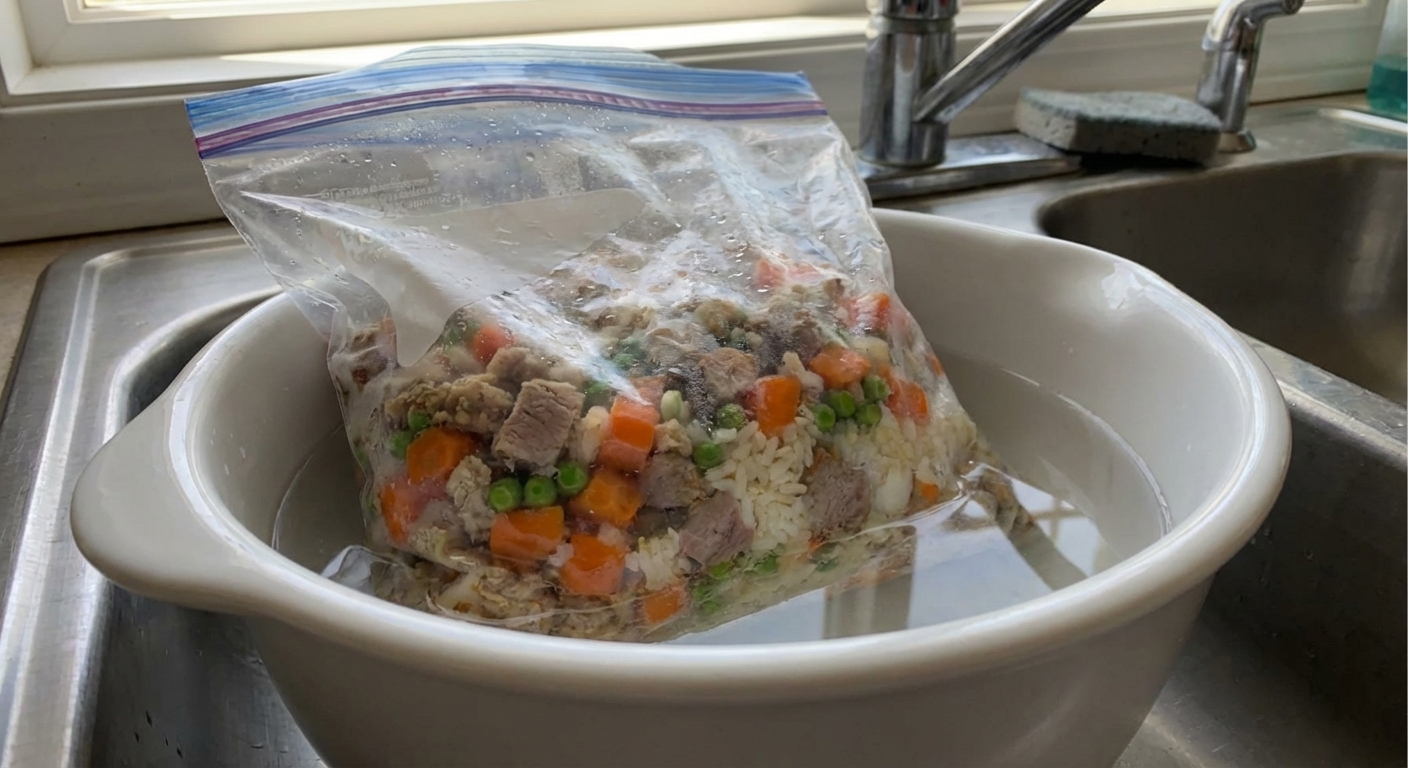 A sealed freezer bag of homemade dog food thawing in a bowl of cold water in a kitchen sink