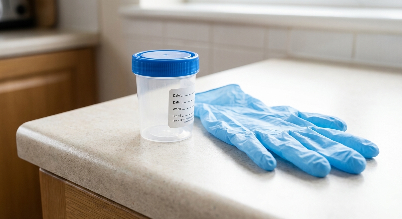 A sealed plastic stool sample container placed on a clean surface next to disposable gloves, real-life photo style
