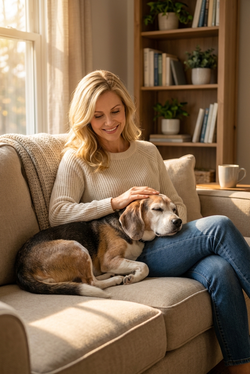 A senior Beagle resting comfortably on a couch beside its owner in warm indoor light