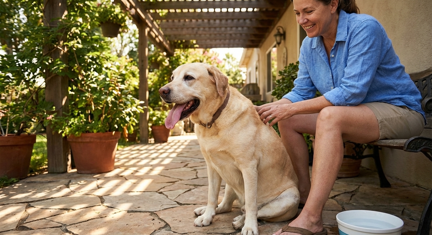 A senior Labrador Retriever sitting on a shaded patio with its mouth open and tongue out, breathing heavily on a warm day, natural light, realistic photography