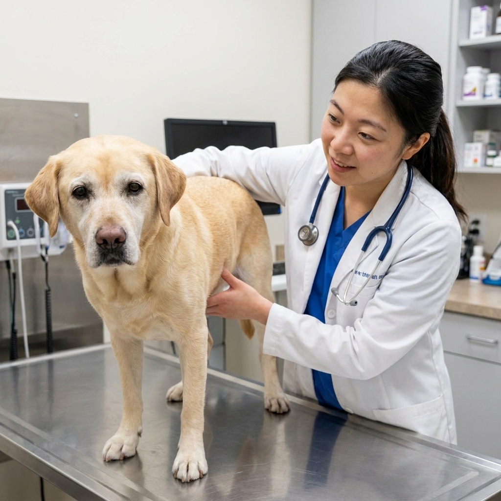 A senior Labrador retriever standing calmly on a veterinary exam table while a veterinarian gently checks the dog’s abdomen, real clinical photograph