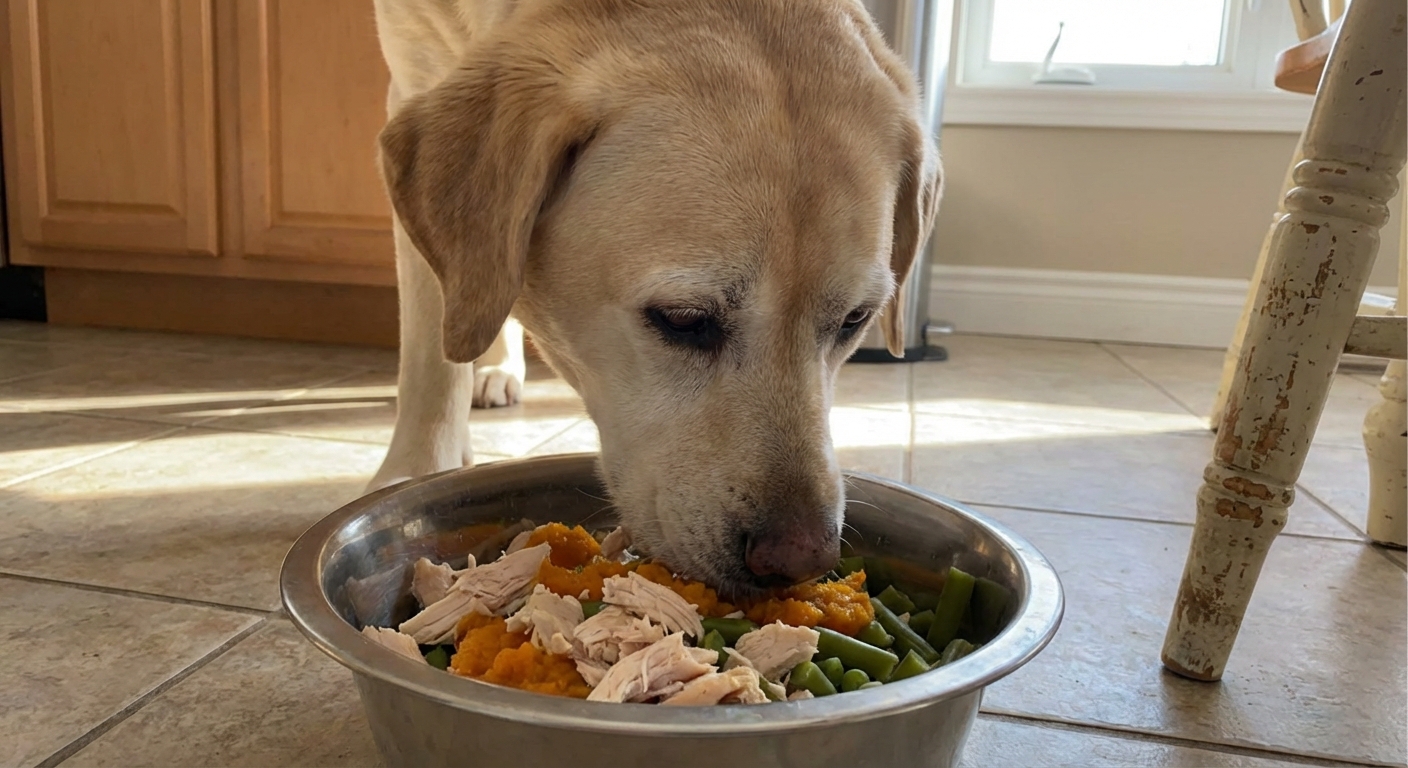 A senior Labrador-type dog eating a bowl of homemade food with visible shredded chicken, pumpkin, and green beans on a kitchen floor
