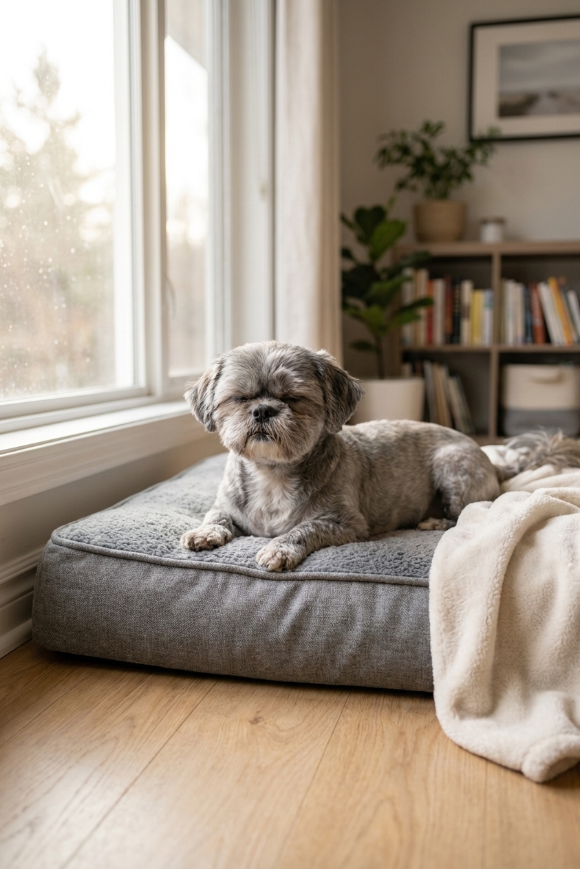A senior Shih Tzu with a short pet trim resting on a supportive orthopedic dog bed in a quiet living room, soft window light, realistic photography