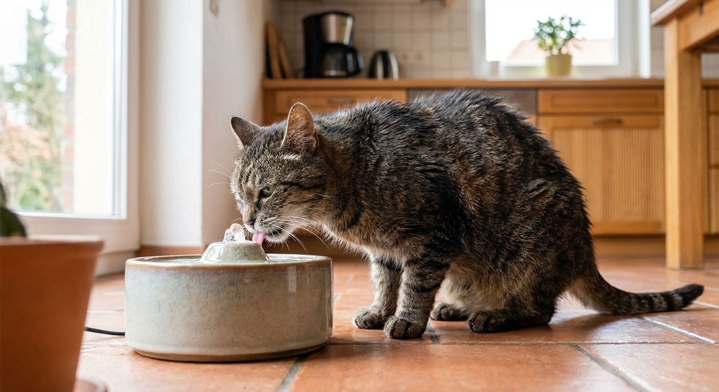 A senior cat drinking from a small pet water fountain in a kitchen, natural indoor lighting, realistic photo
