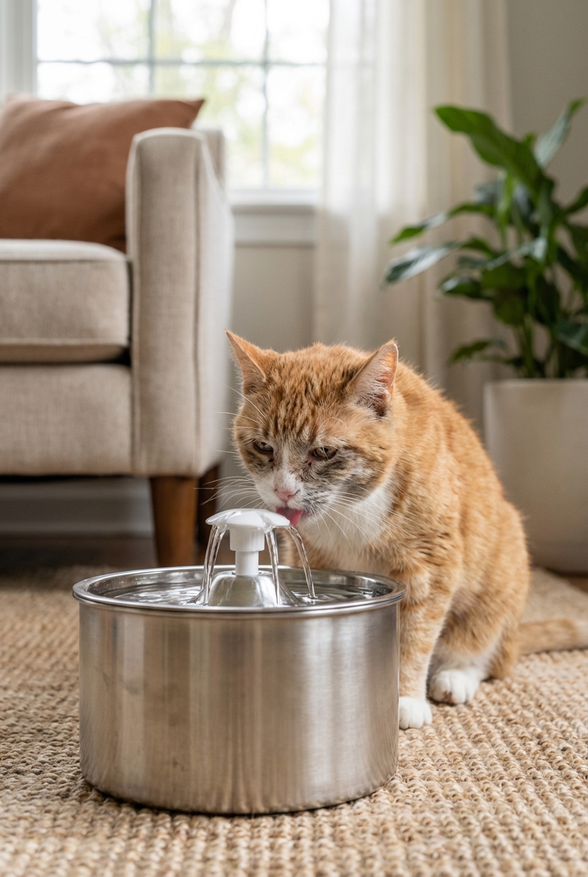 A senior cat drinking from a stainless steel pet water fountain in a living room