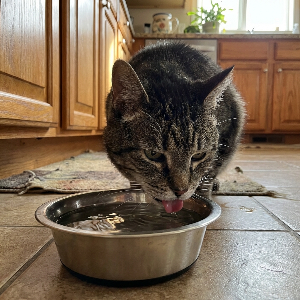 A senior cat drinking water from a stainless steel bowl in a kitchen