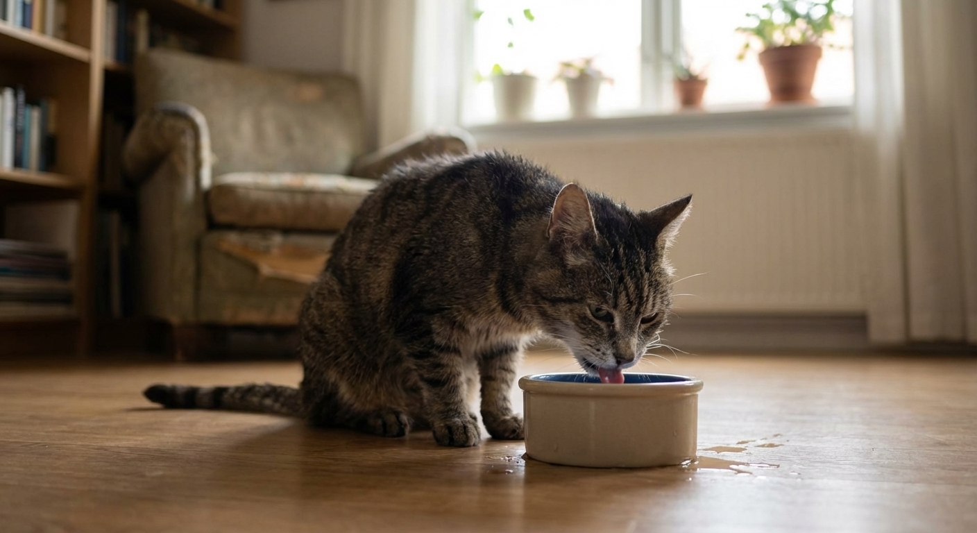 A senior cat leaning over a water bowl and drinking frequently in a quiet home setting, natural light, realistic photography