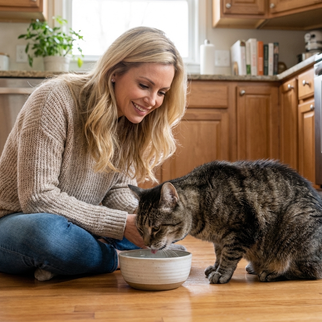 A senior cat leaning to drink from a water bowl on a kitchen floor while an owner watches nearby, soft indoor light, candid photorealistic pet photography