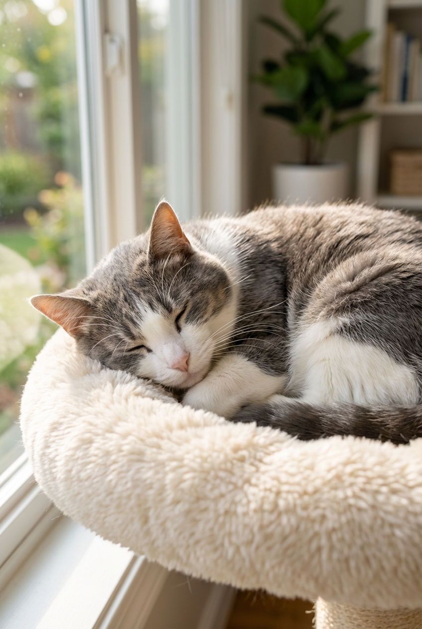 A senior cat resting comfortably on a plush bed near a window in daylight