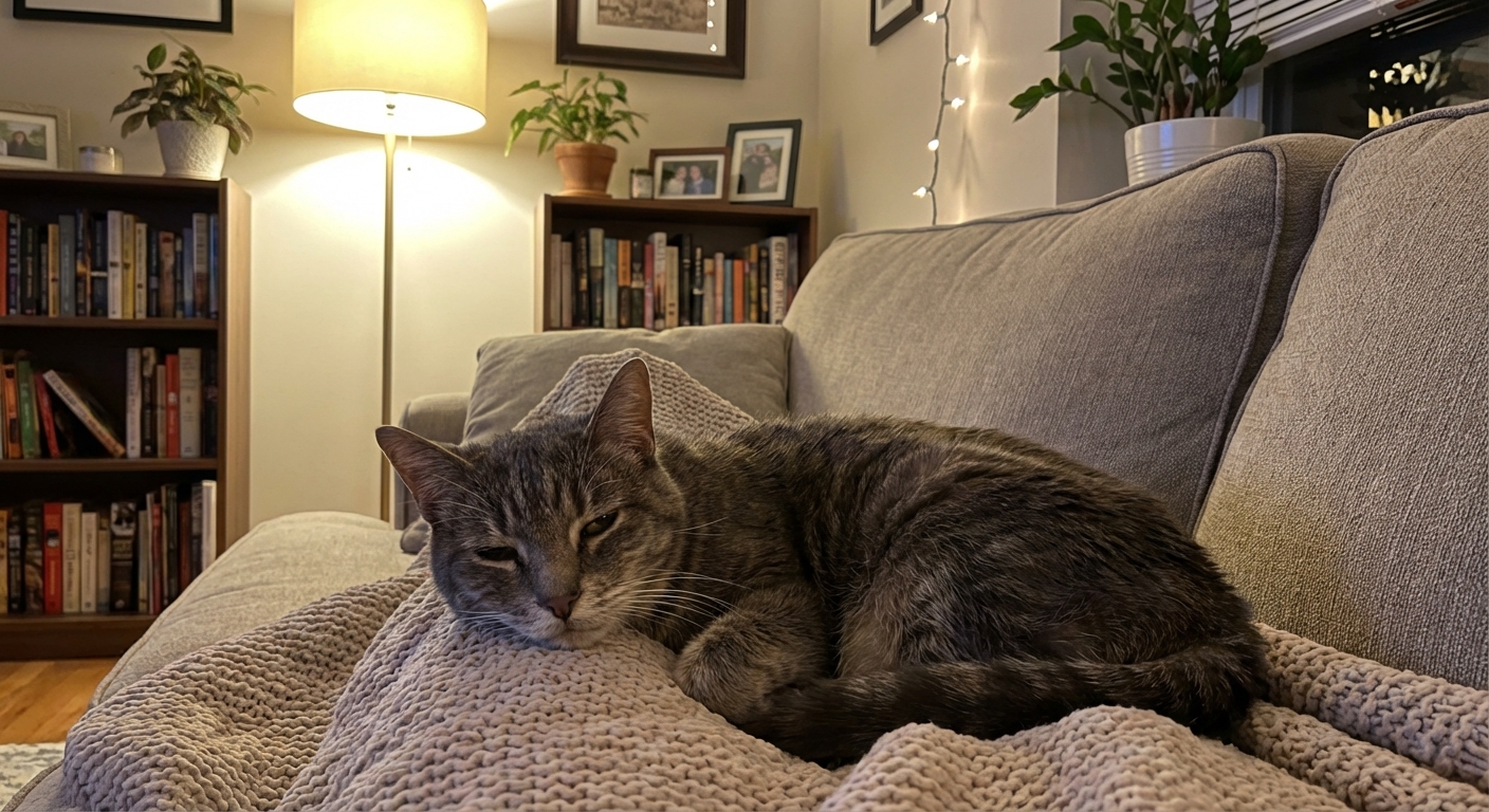 A senior cat resting on a couch with a relaxed but tired posture in a softly lit living room