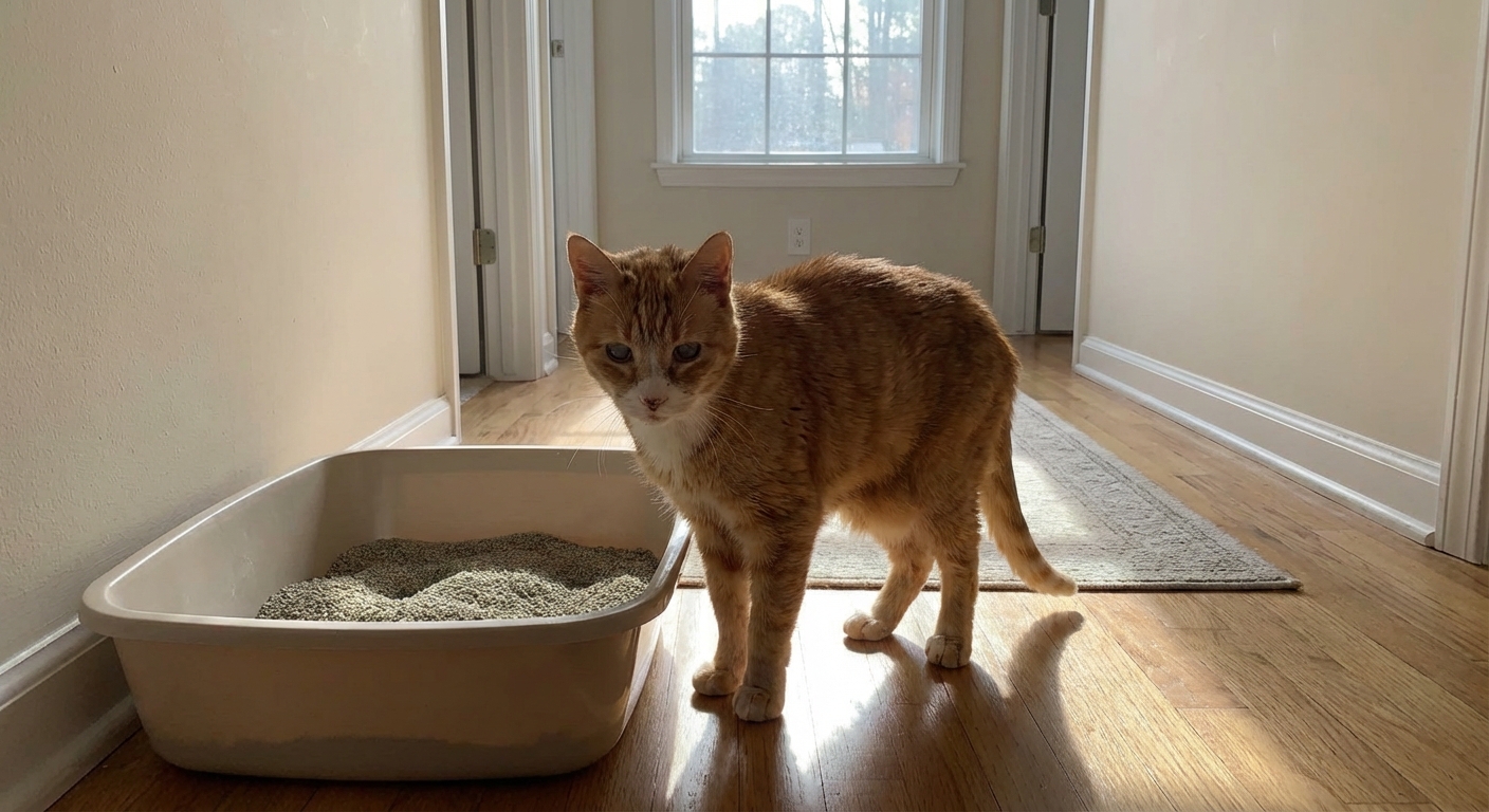 A senior cat standing near a litter box in a quiet home hallway