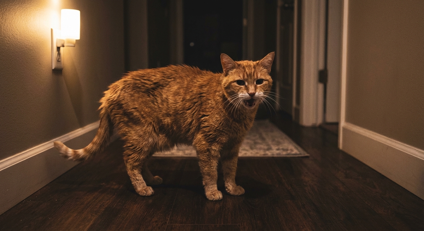 A senior cat standing on a hallway floor at night with a slightly open mouth as if yowling
