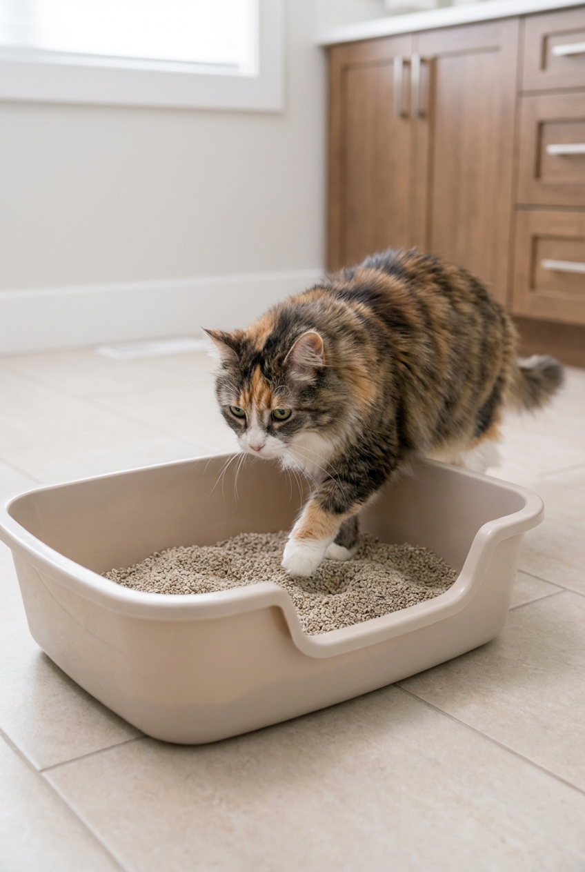 A senior cat stepping into a low-entry litter box on a bathroom floor