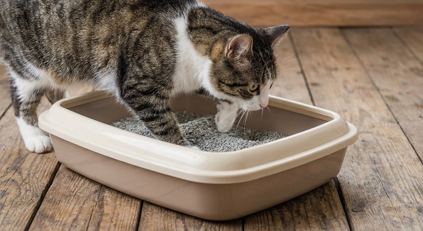 A senior cat stepping into a low-entry litter box on a quiet floor