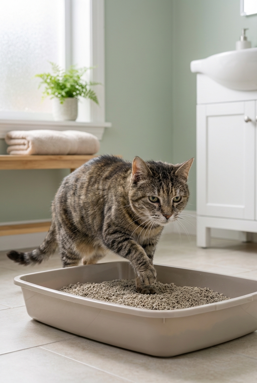 A senior cat stepping into a low-entry litter box in a quiet room